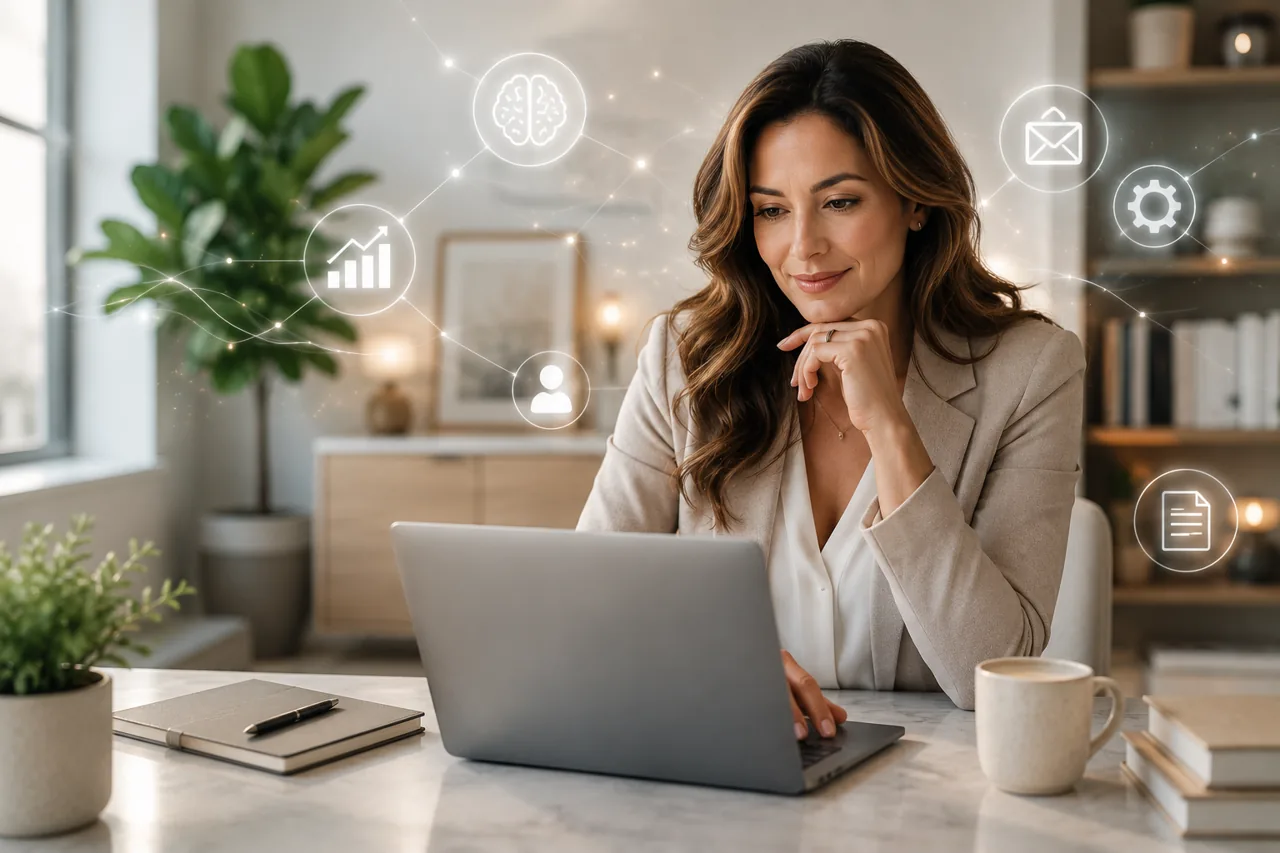 Woman working at a laptop with illustrated AI, email and workflow icons
