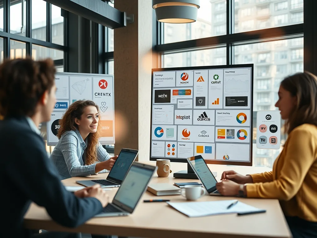 Team reviewing logo concepts and brand colors on a large screen